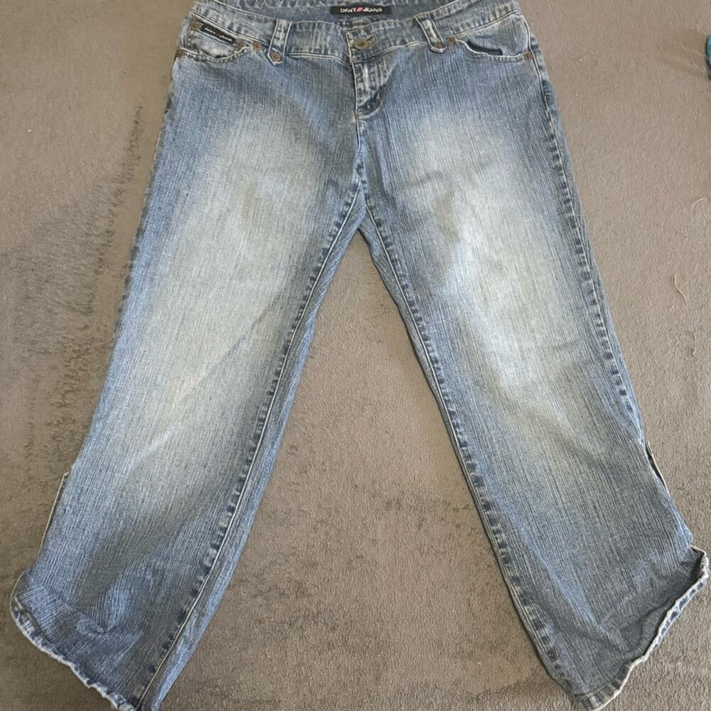 DKNY Light Blue Stretch Cropped Jeans with side buttons on the bottom
